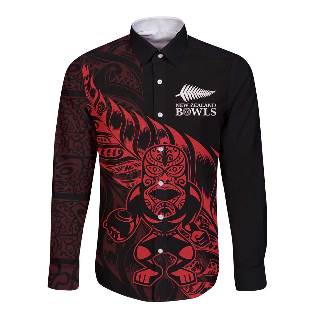 New Zealand Lawn Bowls Custom Long Sleeve Button Shirt Red Maori Warrior Tribal Silver Fern - Aussie Hoodie