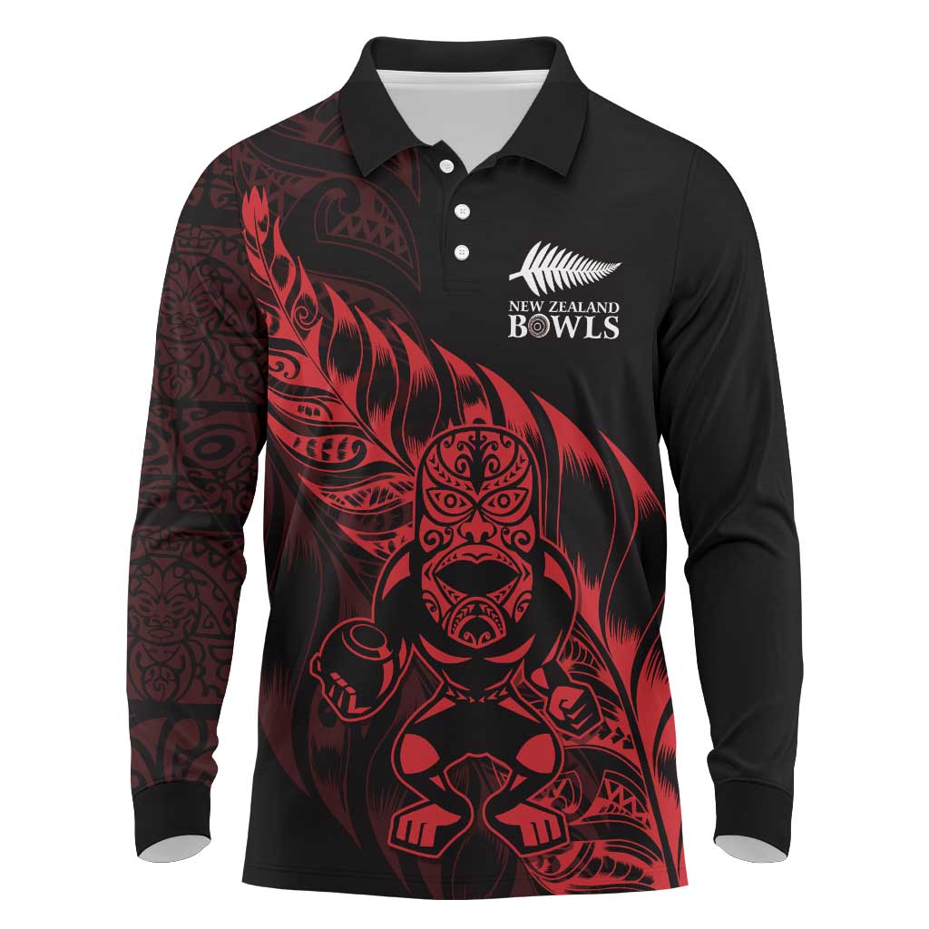 New Zealand Lawn Bowls Custom Long Sleeve Polo Shirt Red Maori Warrior Tribal Silver Fern - Aussie Hoodie