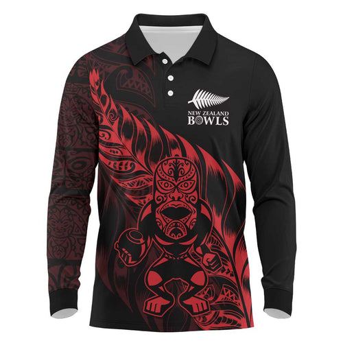 New Zealand Lawn Bowls Custom Long Sleeve Polo Shirt Red Maori Warrior Tribal Silver Fern - Aussie Hoodie