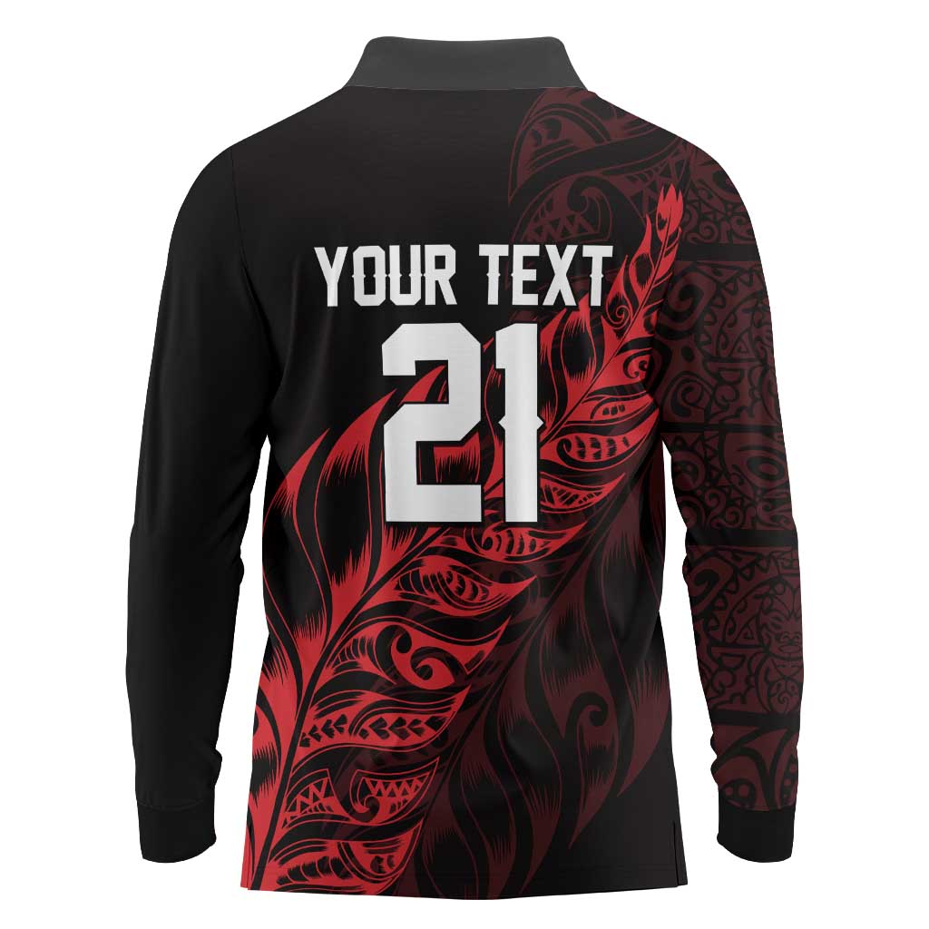 New Zealand Lawn Bowls Custom Long Sleeve Polo Shirt Red Maori Warrior Tribal Silver Fern - Aussie Hoodie