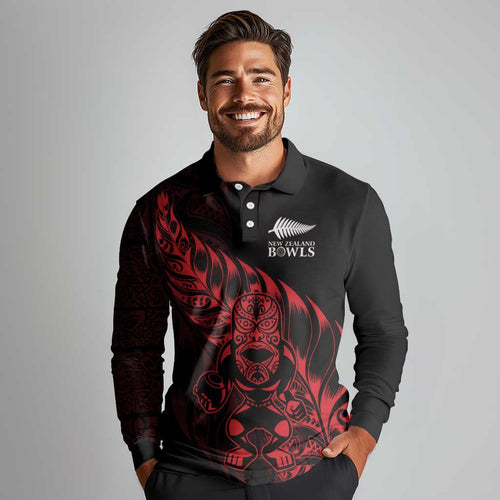 New Zealand Lawn Bowls Custom Long Sleeve Polo Shirt Red Maori Warrior Tribal Silver Fern - Aussie Hoodie