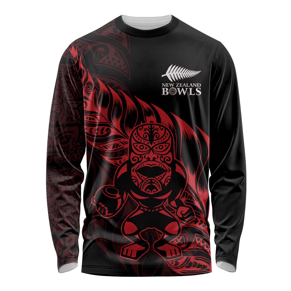 New Zealand Lawn Bowls Custom Long Sleeve Shirt Red Maori Warrior Tribal Silver Fern - Aussie Hoodie