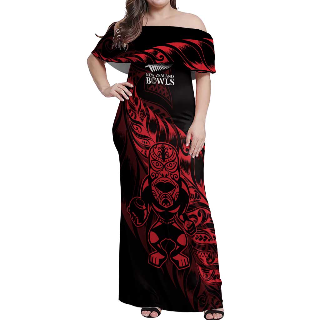 New Zealand Lawn Bowls Custom Off Shoulder Maxi Dress Red Maori Warrior Tribal Silver Fern - Aussie Hoodie