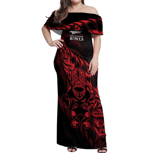 New Zealand Lawn Bowls Custom Off Shoulder Maxi Dress Red Maori Warrior Tribal Silver Fern - Aussie Hoodie