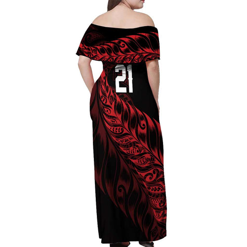 New Zealand Lawn Bowls Custom Off Shoulder Maxi Dress Red Maori Warrior Tribal Silver Fern - Aussie Hoodie