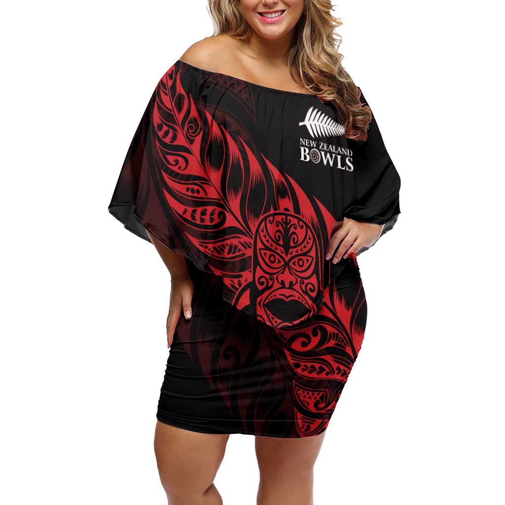 New Zealand Lawn Bowls Custom Off Shoulder Short Dress Red Maori Warrior Tribal Silver Fern - Aussie Hoodie