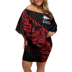 New Zealand Lawn Bowls Custom Off Shoulder Short Dress Red Maori Warrior Tribal Silver Fern - Aussie Hoodie