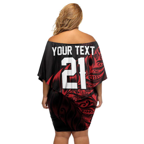 New Zealand Lawn Bowls Custom Off Shoulder Short Dress Red Maori Warrior Tribal Silver Fern - Aussie Hoodie