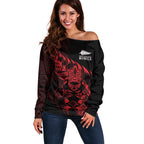 New Zealand Lawn Bowls Custom Off Shoulder Sweater Red Maori Warrior Tribal Silver Fern - Aussie Hoodie