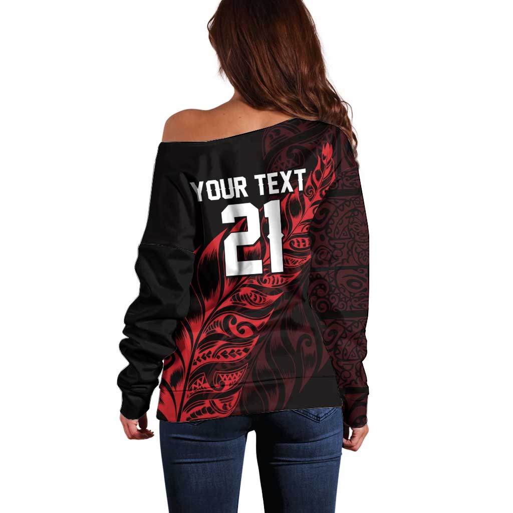 New Zealand Lawn Bowls Custom Off Shoulder Sweater Red Maori Warrior Tribal Silver Fern - Aussie Hoodie