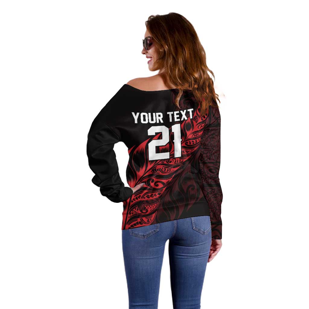 New Zealand Lawn Bowls Custom Off Shoulder Sweater Red Maori Warrior Tribal Silver Fern - Aussie Hoodie