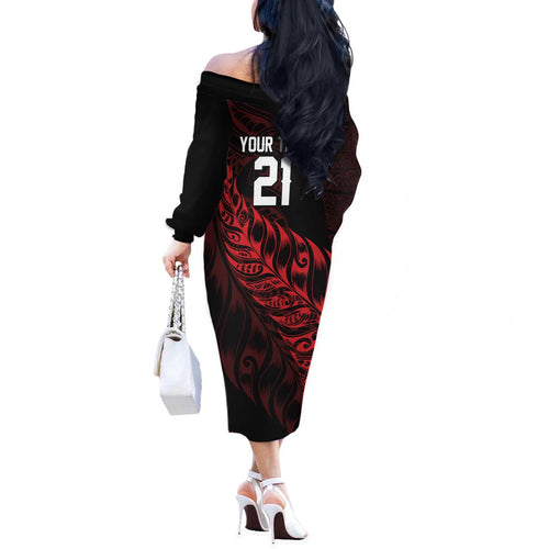 New Zealand Lawn Bowls Custom Off The Shoulder Long Sleeve Dress Red Maori Warrior Tribal Silver Fern - Aussie Hoodie