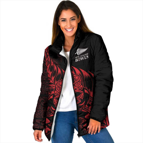 New Zealand Lawn Bowls Custom Padded Jacket Red Maori Warrior Tribal Silver Fern - Aussie Hoodie