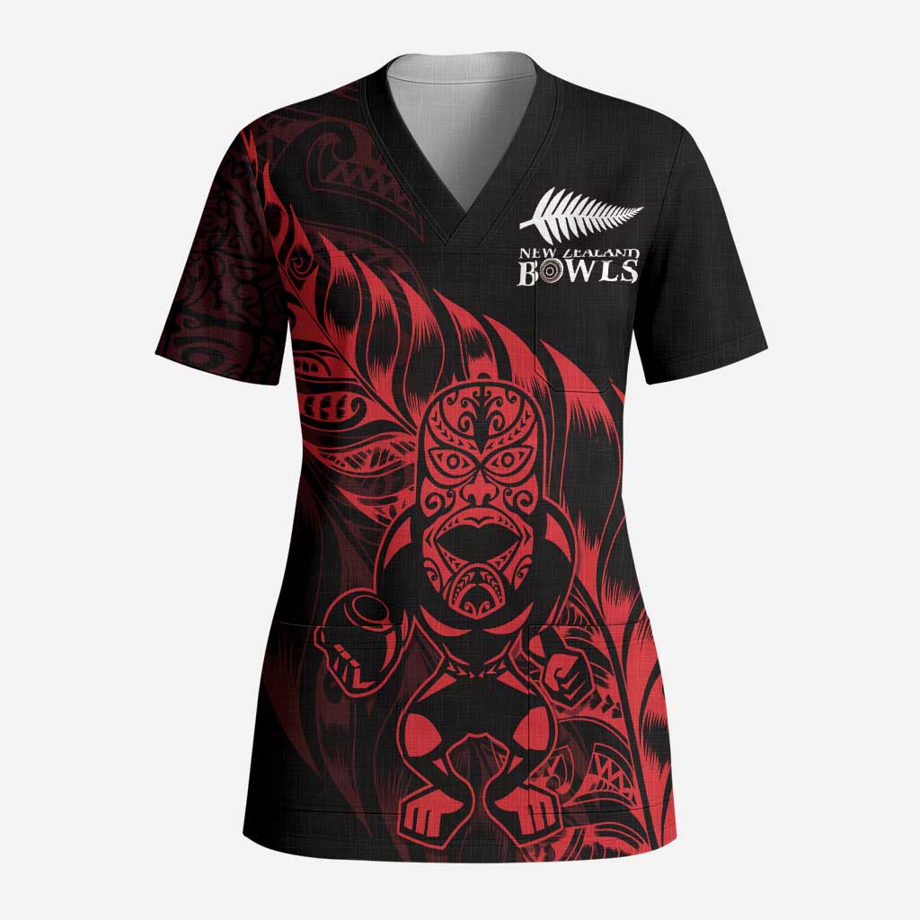 New Zealand Lawn Bowls Custom Scrub Top Red Maori Warrior Tribal Silver Fern - Aussie Hoodie