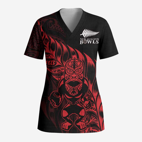 New Zealand Lawn Bowls Custom Scrub Top Red Maori Warrior Tribal Silver Fern - Aussie Hoodie
