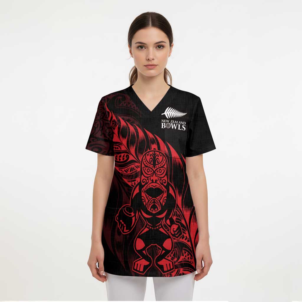 New Zealand Lawn Bowls Custom Scrub Top Red Maori Warrior Tribal Silver Fern - Aussie Hoodie