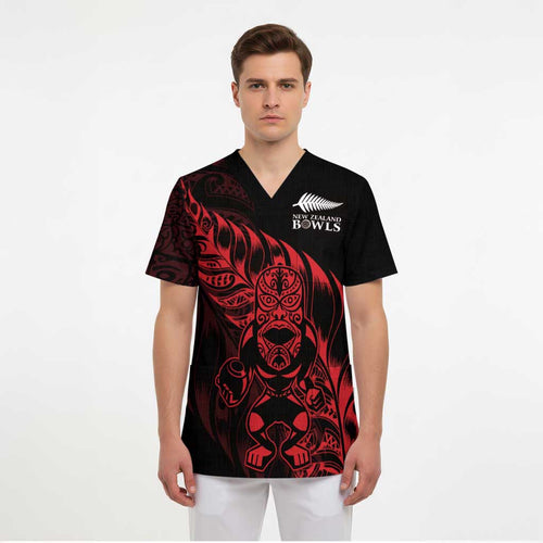 New Zealand Lawn Bowls Custom Scrub Top Red Maori Warrior Tribal Silver Fern - Aussie Hoodie