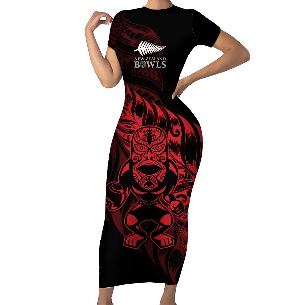 New Zealand Lawn Bowls Custom Short Sleeve Bodycon Dress Red Maori Warrior Tribal Silver Fern - Aussie Hoodie