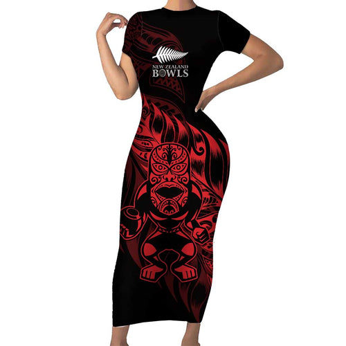 New Zealand Lawn Bowls Custom Short Sleeve Bodycon Dress Red Maori Warrior Tribal Silver Fern - Aussie Hoodie