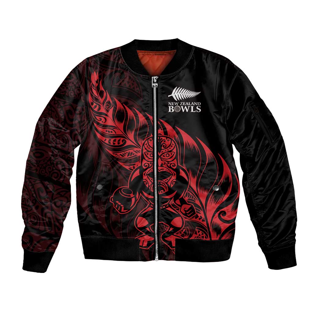 New Zealand Lawn Bowls Custom Sleeve Zip Bomber Jacket Red Maori Warrior Tribal Silver Fern - Aussie Hoodie