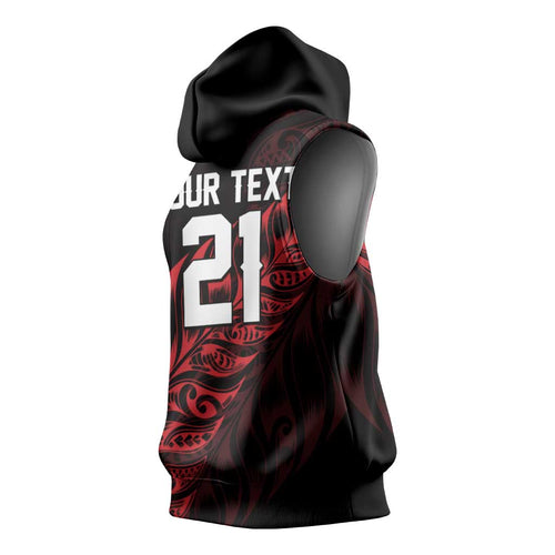 New Zealand Lawn Bowls Custom Sleeveless Hoodie Red Maori Warrior Tribal Silver Fern - Aussie Hoodie