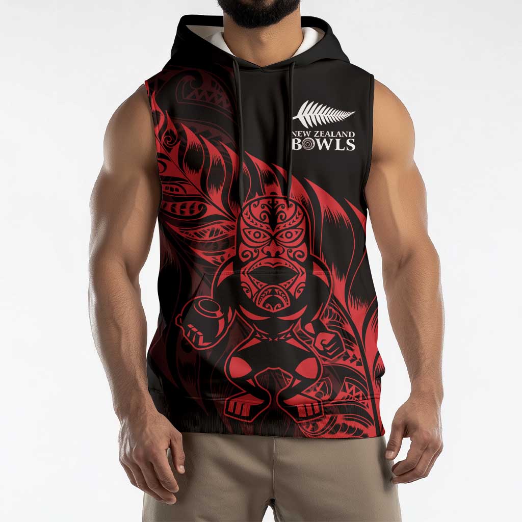 New Zealand Lawn Bowls Custom Sleeveless Hoodie Red Maori Warrior Tribal Silver Fern - Aussie Hoodie