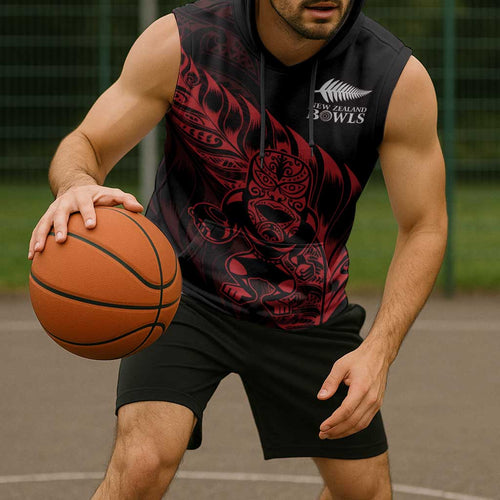 New Zealand Lawn Bowls Custom Sleeveless Hoodie Red Maori Warrior Tribal Silver Fern - Aussie Hoodie