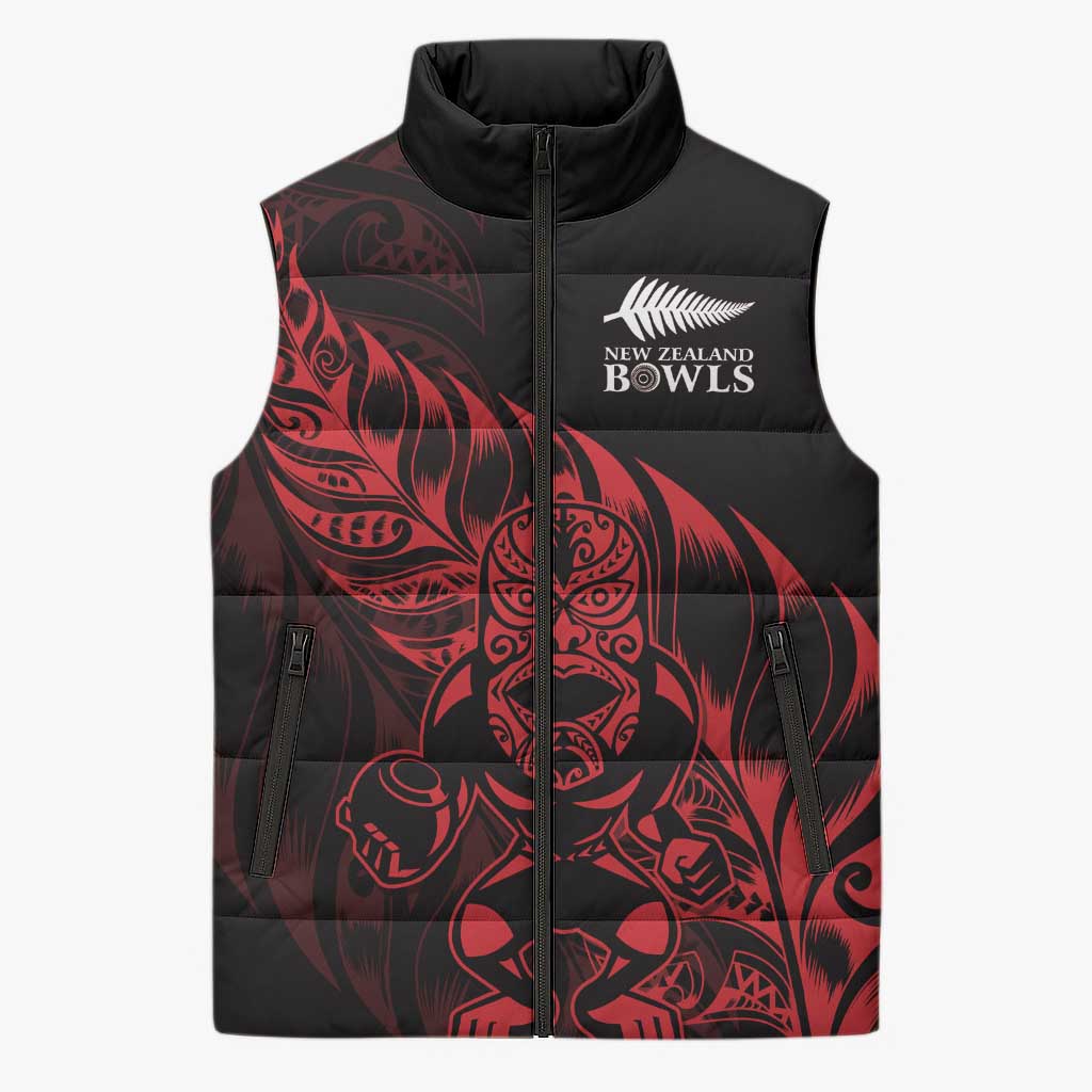 New Zealand Lawn Bowls Custom Sleeveless Puffer Jacket Red Maori Warrior Tribal Silver Fern - Aussie Hoodie
