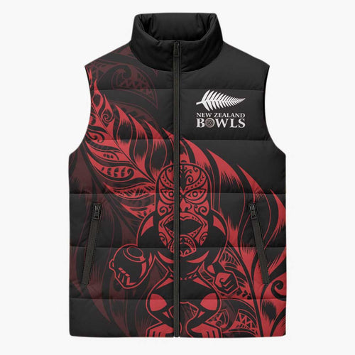 New Zealand Lawn Bowls Custom Sleeveless Puffer Jacket Red Maori Warrior Tribal Silver Fern - Aussie Hoodie