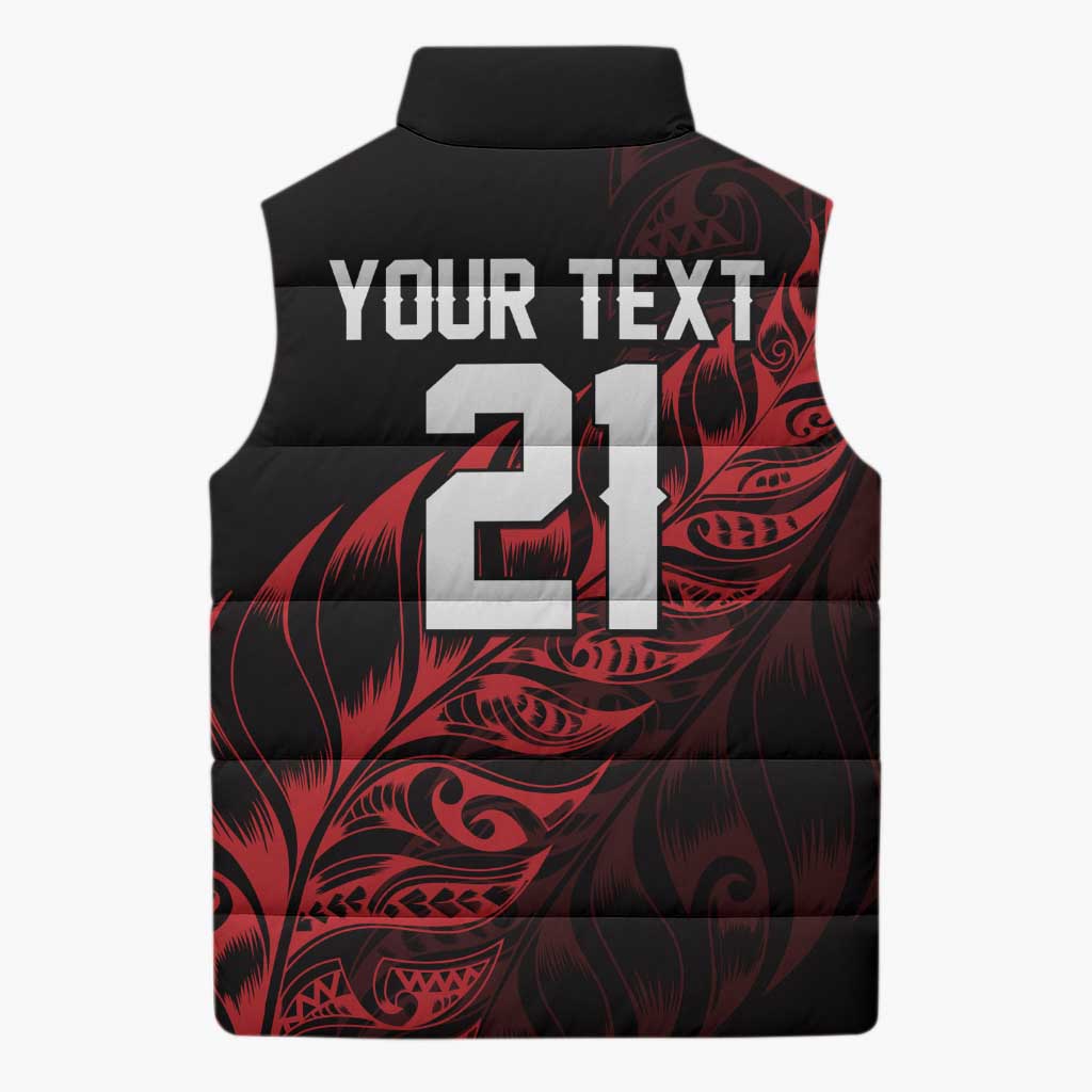 New Zealand Lawn Bowls Custom Sleeveless Puffer Jacket Red Maori Warrior Tribal Silver Fern - Aussie Hoodie