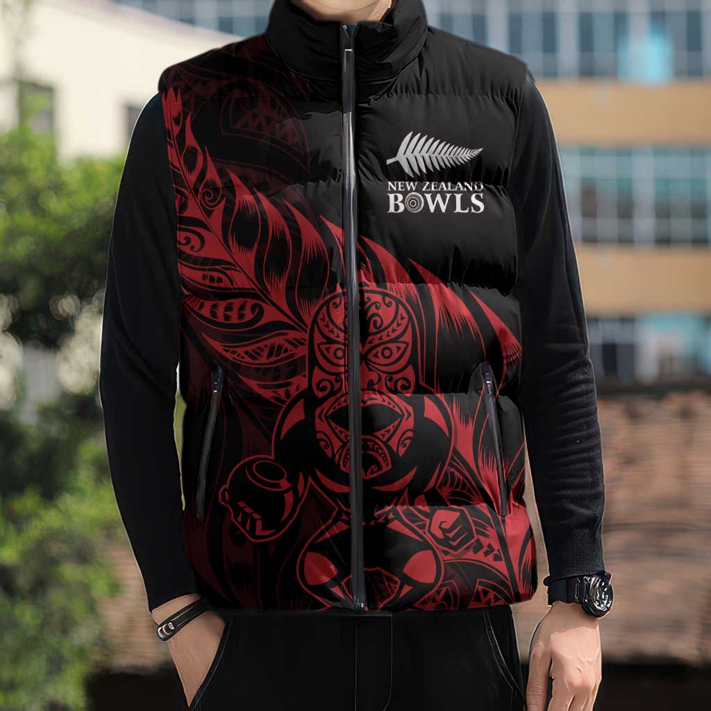 New Zealand Lawn Bowls Custom Sleeveless Puffer Jacket Red Maori Warrior Tribal Silver Fern - Aussie Hoodie