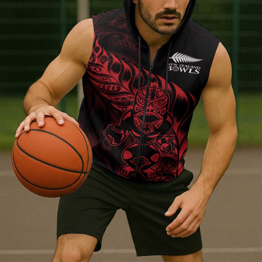 New Zealand Lawn Bowls Custom Sleeveless Zip Hoodie Red Maori Warrior Tribal Silver Fern LT9