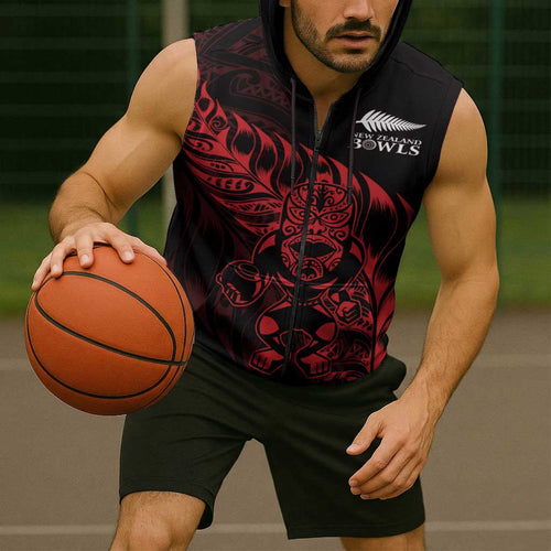 New Zealand Lawn Bowls Custom Sleeveless Zip Hoodie Red Maori Warrior Tribal Silver Fern LT9