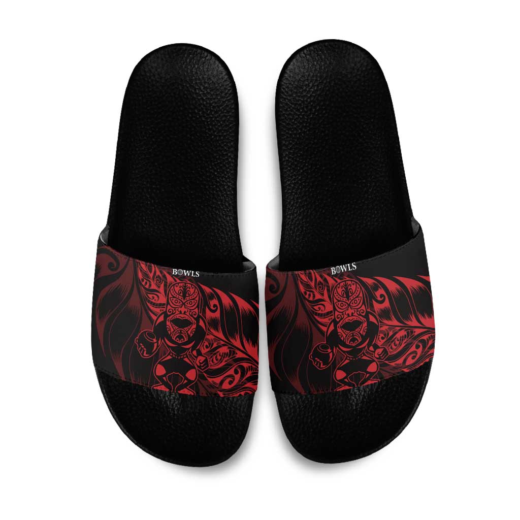 New Zealand Lawn Bowls Slide Sandals Red Maori Warrior Tribal Silver Fern - Aussie Hoodie