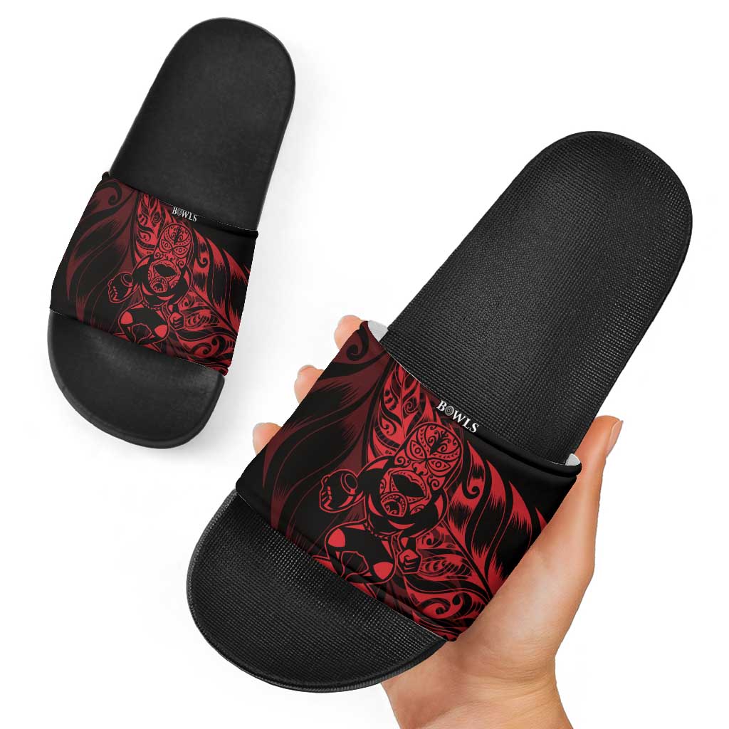 New Zealand Lawn Bowls Slide Sandals Red Maori Warrior Tribal Silver Fern - Aussie Hoodie