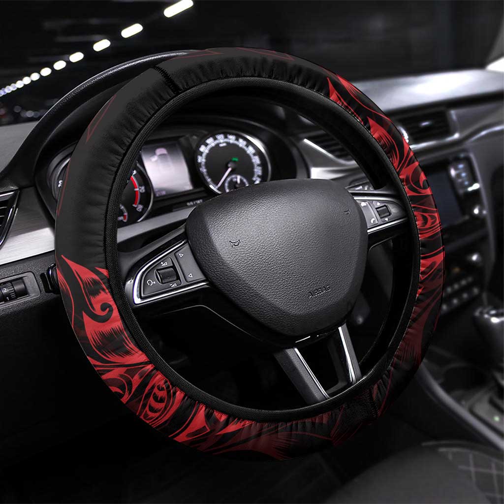 New Zealand Lawn Bowls Steering Wheel Cover Red Maori Warrior Tribal Silver Fern - Aussie Hoodie