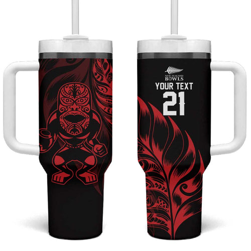 New Zealand Lawn Bowls Custom Tumbler With Handle Red Maori Warrior Tribal Silver Fern - Aussie Hoodie