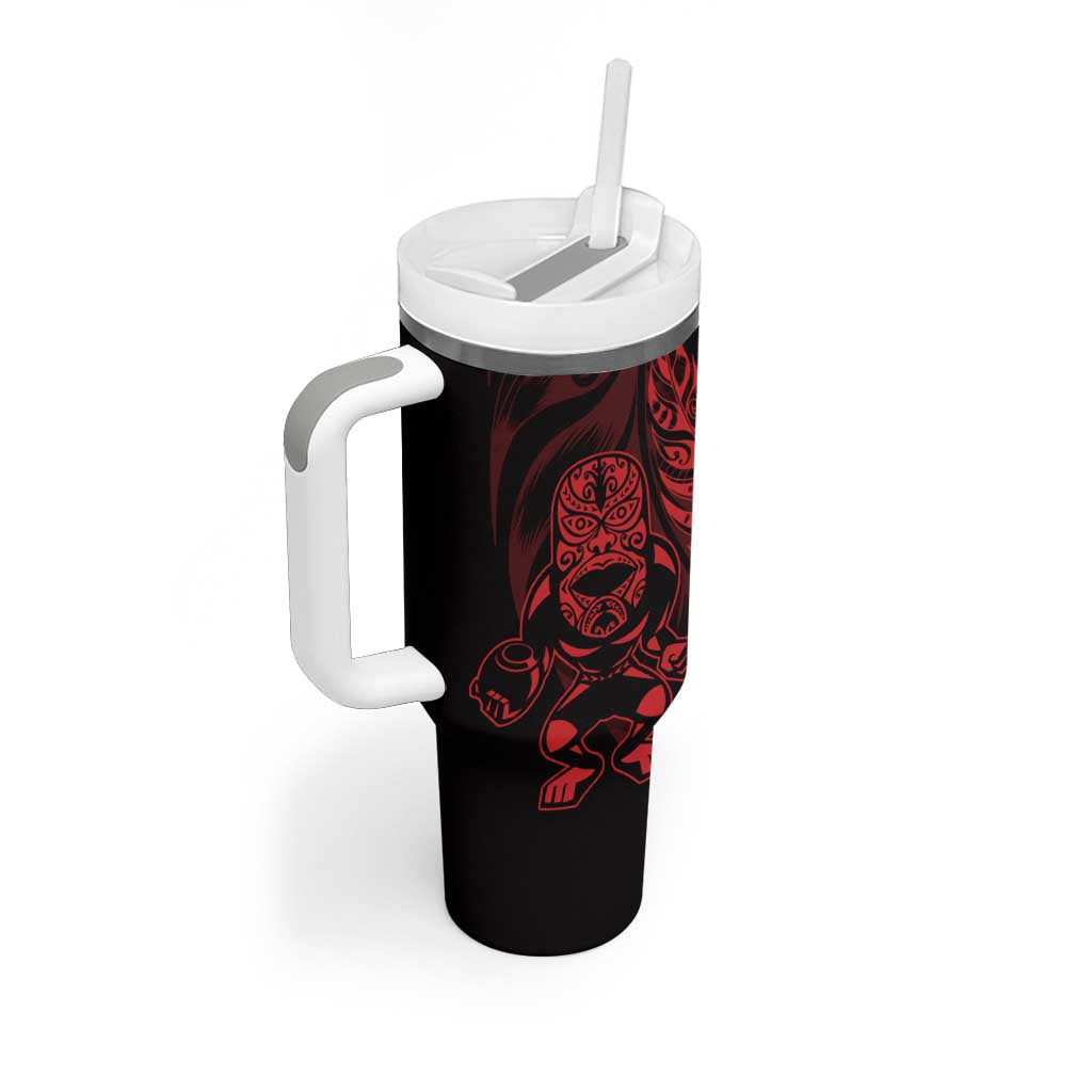 New Zealand Lawn Bowls Custom Tumbler With Handle Red Maori Warrior Tribal Silver Fern - Aussie Hoodie