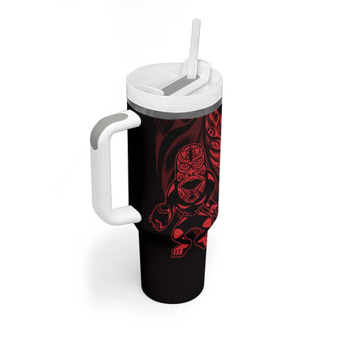 New Zealand Lawn Bowls Custom Tumbler With Handle Red Maori Warrior Tribal Silver Fern - Aussie Hoodie
