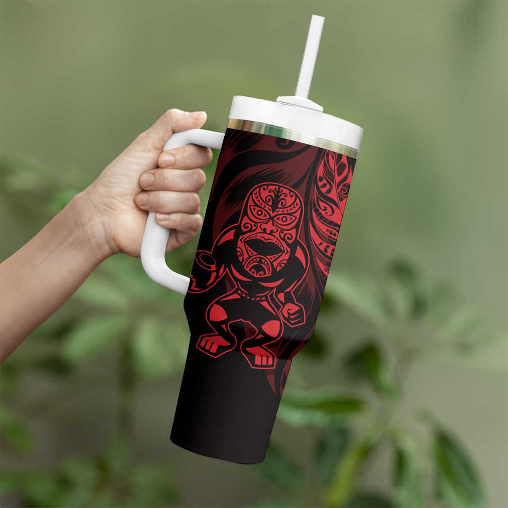 New Zealand Lawn Bowls Custom Tumbler With Handle Red Maori Warrior Tribal Silver Fern - Aussie Hoodie