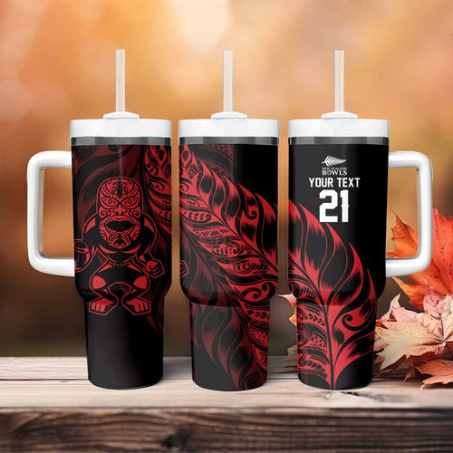 New Zealand Lawn Bowls Custom Tumbler With Handle Red Maori Warrior Tribal Silver Fern - Aussie Hoodie