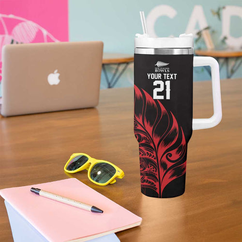 New Zealand Lawn Bowls Custom Tumbler With Handle Red Maori Warrior Tribal Silver Fern - Aussie Hoodie
