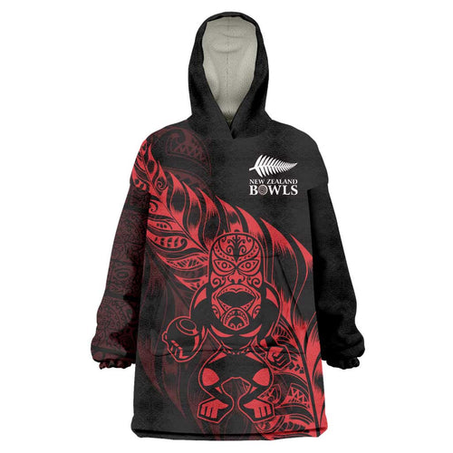 New Zealand Lawn Bowls Custom Wearable Blanket Hoodie Red Maori Warrior Tribal Silver Fern - Aussie Hoodie