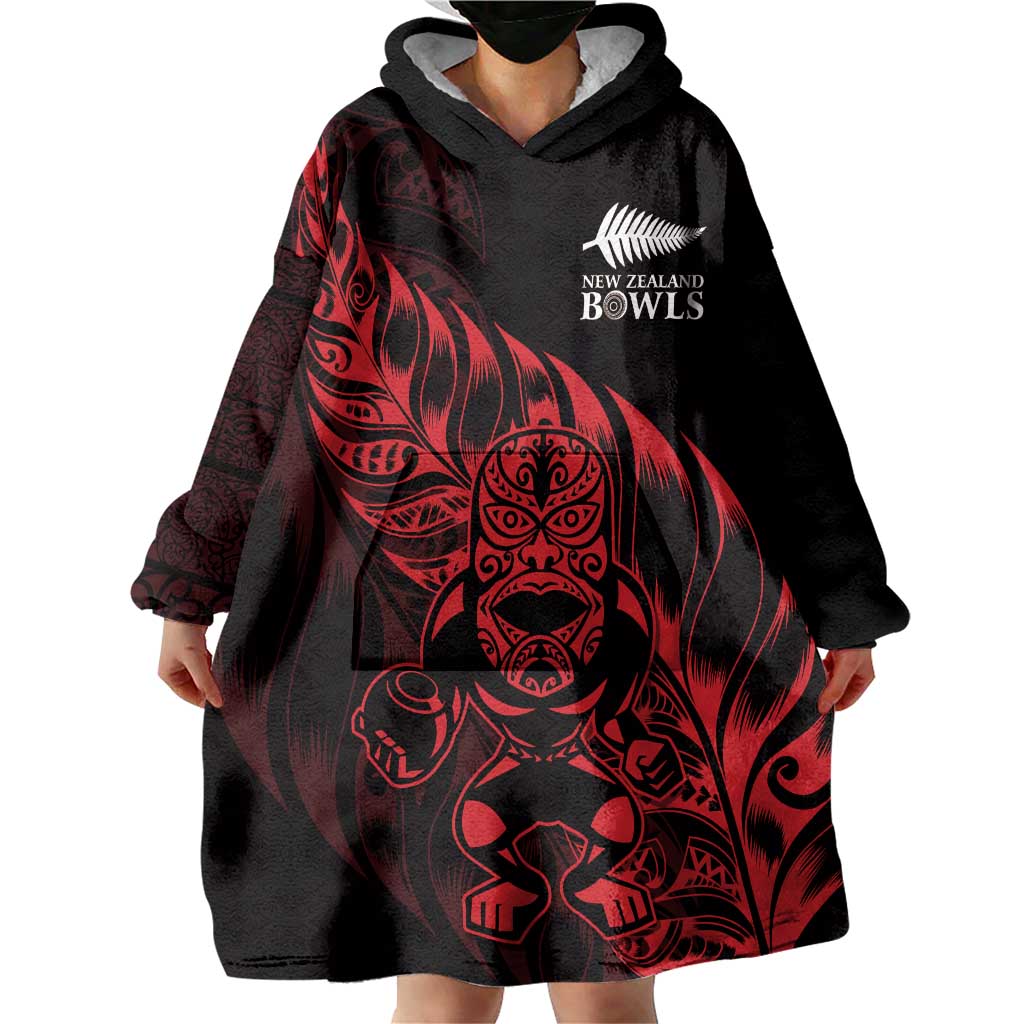 New Zealand Lawn Bowls Custom Wearable Blanket Hoodie Red Maori Warrior Tribal Silver Fern - Aussie Hoodie