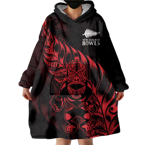 New Zealand Lawn Bowls Custom Wearable Blanket Hoodie Red Maori Warrior Tribal Silver Fern - Aussie Hoodie