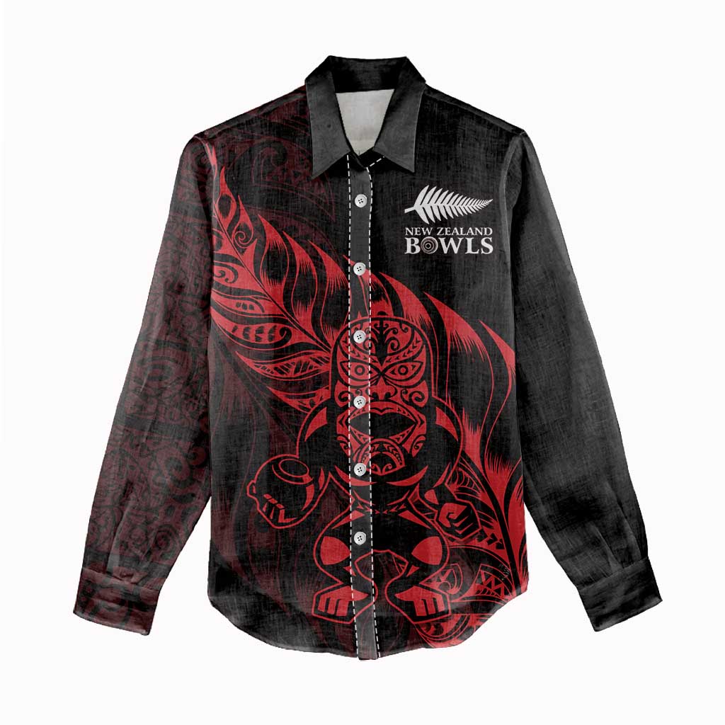 New Zealand Lawn Bowls Custom Women Casual Shirt Red Maori Warrior Tribal Silver Fern - Aussie Hoodie