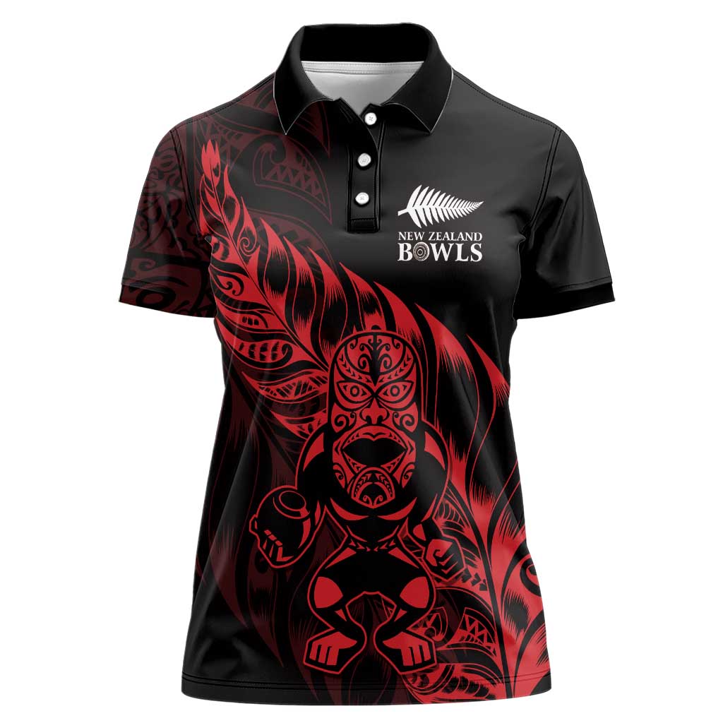 New Zealand Lawn Bowls Custom Women Polo Shirt Red Maori Warrior Tribal Silver Fern - Aussie Hoodie