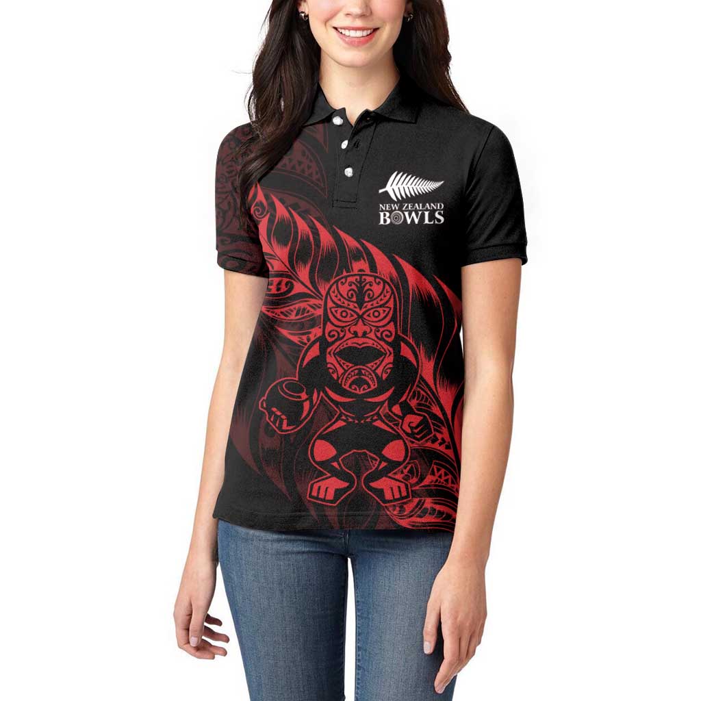 New Zealand Lawn Bowls Custom Women Polo Shirt Red Maori Warrior Tribal Silver Fern - Aussie Hoodie