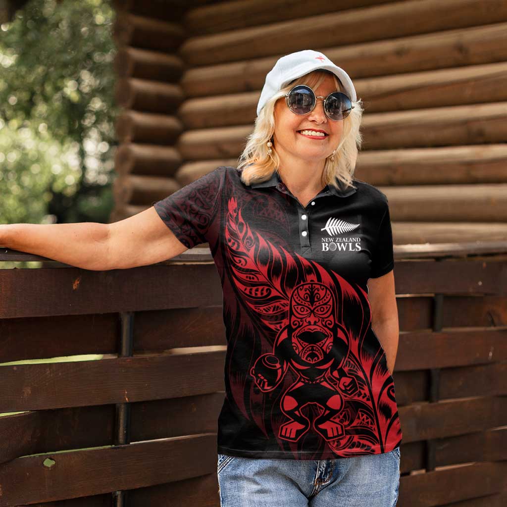 New Zealand Lawn Bowls Custom Women Polo Shirt Red Maori Warrior Tribal Silver Fern - Aussie Hoodie