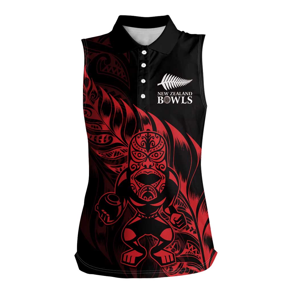 New Zealand Lawn Bowls Custom Women Sleeveless Polo Shirt Red Maori Warrior Tribal Silver Fern - Aussie Hoodie